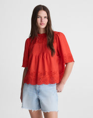 Embroidered Pintuck High-Neck Top WILD POPPY