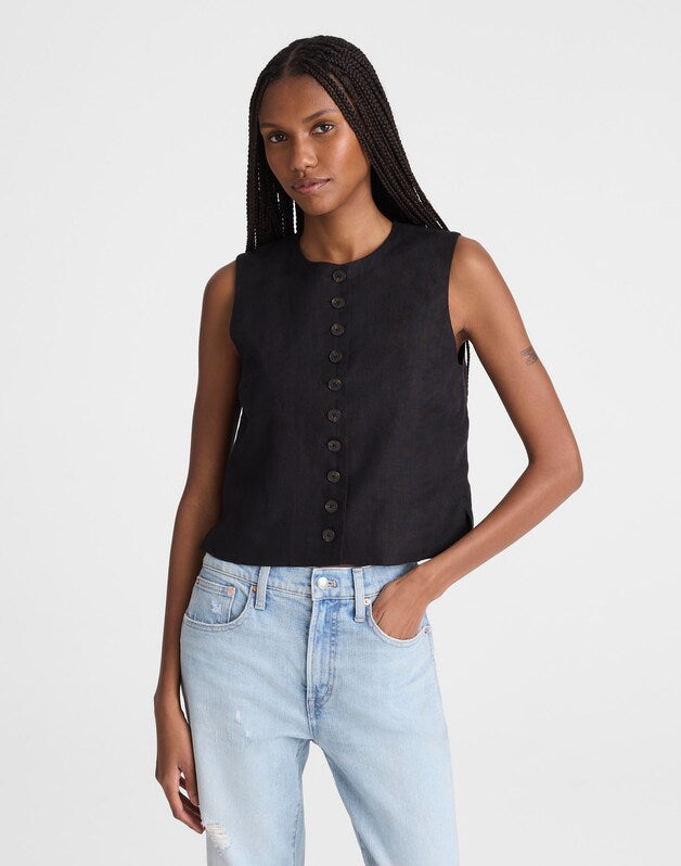 Button-Front Shell Top in 100% Linen JET BLACK