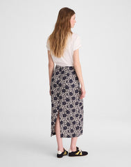 Pull-On Midi Skirt in Floral-Print Linen OAT