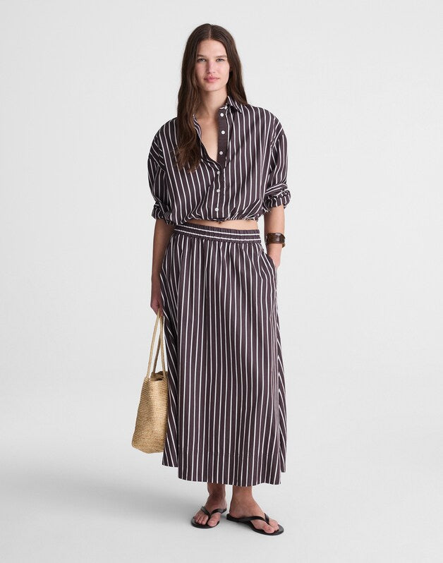 A-Line Midi Skirt in Striped Poplin CHOCOLATE PLUM
