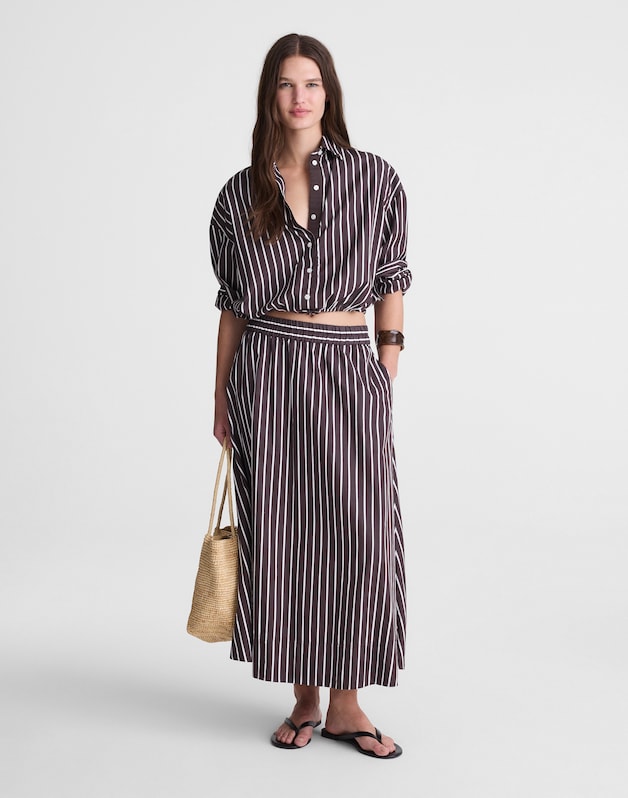 A-Line Midi Skirt in Striped Poplin CHOCOLATE PLUM