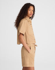 Boxy Crop Button-Up Shirt in Airy Denim FAWN