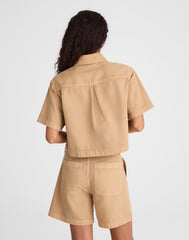 Boxy Crop Button-Up Shirt in Airy Denim FAWN