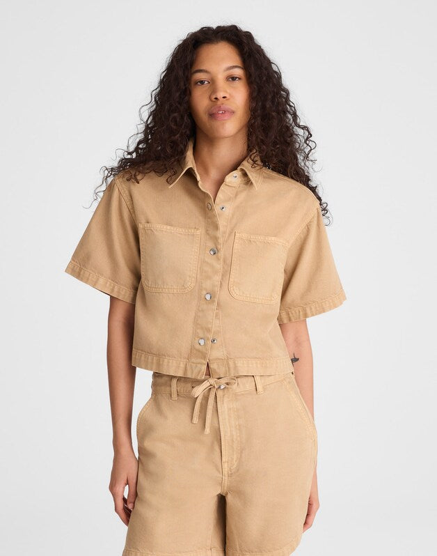 Boxy Crop Button-Up Shirt in Airy Denim FAWN