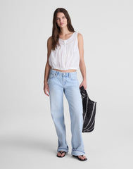 Lace-Insert Pintuck Sleeveless Top WHITE