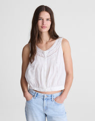 Lace-Insert Pintuck Sleeveless Top WHITE