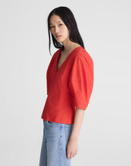 Sculptural V-Neck Top in Poplin WILD POPPY