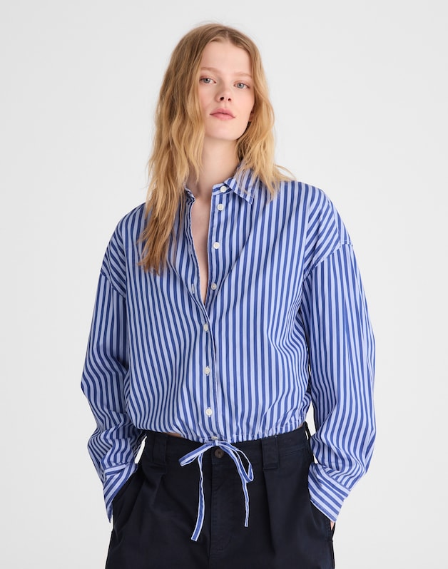 Drawstring Button-Up Shirt in Poplin FRENCH BLUE