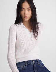 Pointelle-Stitch Polo Sweater WHITE