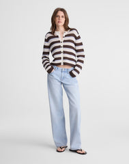 Striped Crochet Cardigan Sweater in 100% Cotton IVORY AND BROWN MULTI STRIPE