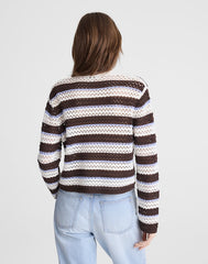 Striped Crochet Cardigan Sweater in 100% Cotton IVORY AND BROWN MULTI STRIPE