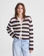 Striped Crochet Cardigan Sweater in 100% Cotton IVORY AND BROWN MULTI STRIPE