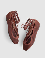 The Greta Lace-Up Ballet Flat in Mesh CHERRY WOOD