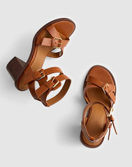 The Corinna Buckle-Strap Heeled Sandal in Leather CINNAMON STICK