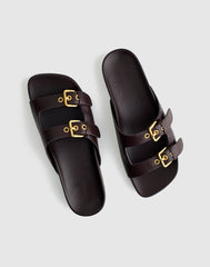 The Cambrea Double-Buckle Sandal in Leather COFFEE BEAN