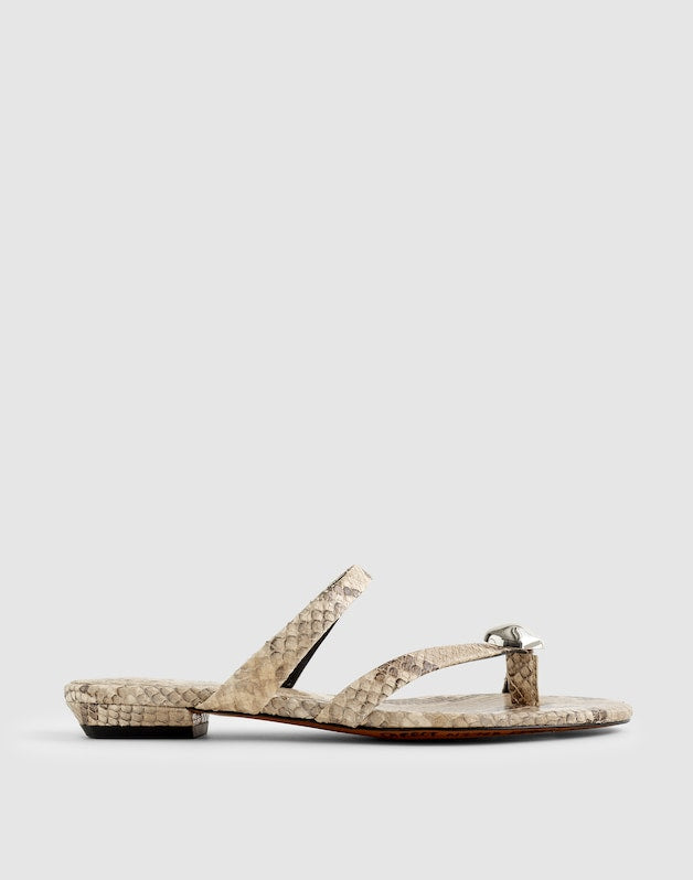 The Mila Sculpted Hardware Thong Slide Sandal in Stamped Leather VINTAGE KHAKI MULTI