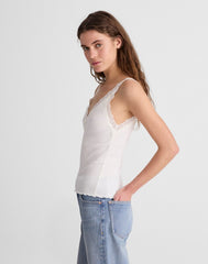 Lace-Trim Ribbed V-Neck Tank WINTER WHITE