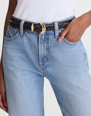 Domed-Buckle Wide Belt in Woven Leather COFFEE BEAN