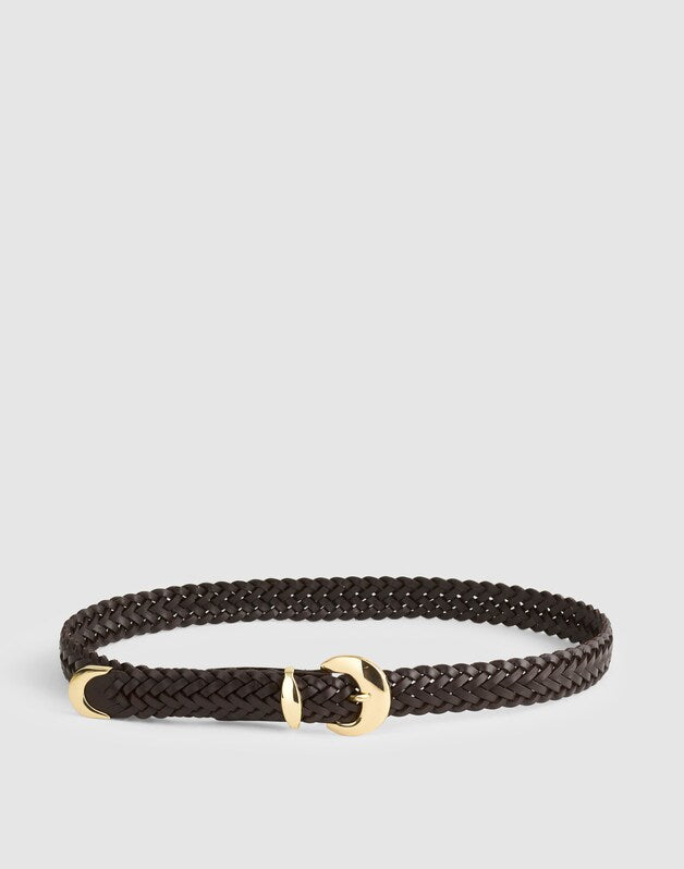 Domed-Buckle Wide Belt in Woven Leather COFFEE BEAN