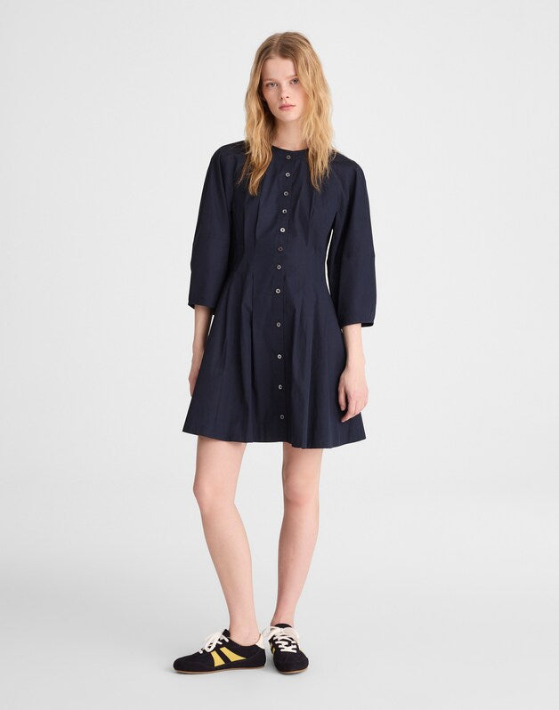 Sculptural-Sleeve Pleated Mini Dress CLASSIC NAVY
