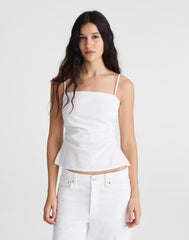 Airy Denim Ruched Squareneck Tank in Tile White TILE WHITE