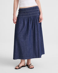 Denim Smocked-Waist Midi Skirt DARK COVE WASH