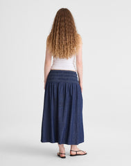 Denim Smocked-Waist Midi Skirt DARK COVE WASH
