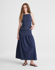 Denim Smocked-Waist Midi Skirt DARK COVE WASH