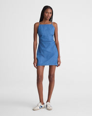 Denim Ruched Squareneck Mini Dress FADED SHORLINE