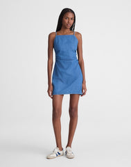Denim Ruched Squareneck Mini Dress FADED SHORLINE