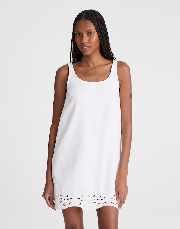 Denim Eyelet Mini Shift Dress TILE WHITE