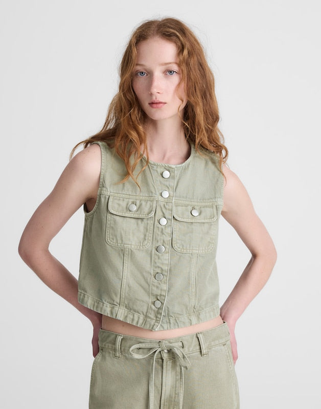Cropped Vest in Airy Denim SAGEBRUSH
