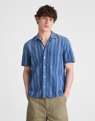 The Short-Sleeve Camp Shirt in Indigo Linen-Cotton Blend NEAL STRIPE