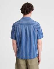 The Short-Sleeve Camp Shirt in Indigo Linen-Cotton Blend NEAL STRIPE