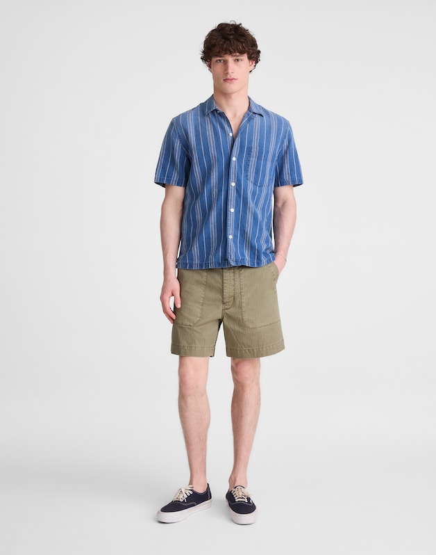The Short-Sleeve Camp Shirt in Indigo Linen-Cotton Blend NEAL STRIPE