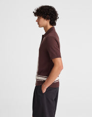 Knit Button-Up Shirt in Border Stripe RUM RAISIN