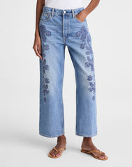 Embroidered Low-Slung Baggy Crop Jeans WORN MID INDIGO