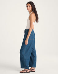 Pull-On Barrel-Leg Utility Pants in Airy Denim MARINA BLUE