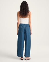 Pull-On Barrel-Leg Utility Pants in Airy Denim MARINA BLUE