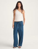 Pull-On Barrel-Leg Utility Pants in Airy Denim MARINA BLUE
