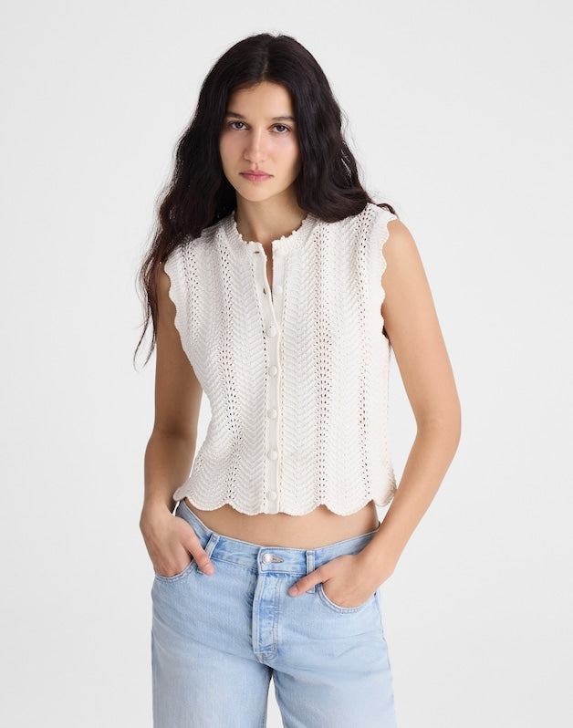 Wavy-Knit Button-Front Shell Top VINTAGE IVORY