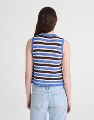 Open-Stitch Sweater Tank in 100% Cotton RETRO BLUE AND BROWN STRIPE