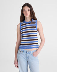 Open-Stitch Sweater Tank in 100% Cotton RETRO BLUE AND BROWN STRIPE