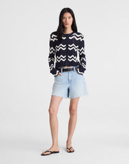 Wavy-Knit Cardigan NAVY AND IVORY WAVY STRIPE