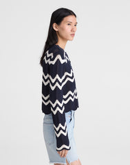 Wavy-Knit Cardigan NAVY AND IVORY WAVY STRIPE