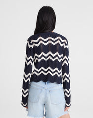 Wavy-Knit Cardigan NAVY AND IVORY WAVY STRIPE