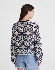 Floral-Embroidered Open-Stitch Sweater NAVY FLORAL EMBROIDERY