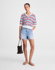 Textured Short-Sleeve Cardigan in 100% Cotton IVORY POP COLOR MULTI STRIPE