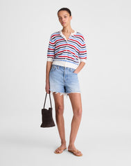 Textured Short-Sleeve Cardigan in 100% Cotton IVORY POP COLOR MULTI STRIPE