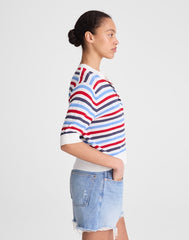 Textured Short-Sleeve Cardigan in 100% Cotton IVORY POP COLOR MULTI STRIPE